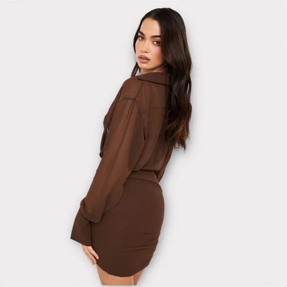 HOUSE of CB Small NWT CLEO Chocolate Chiffon Shirt Dress - Picture 7 of 16